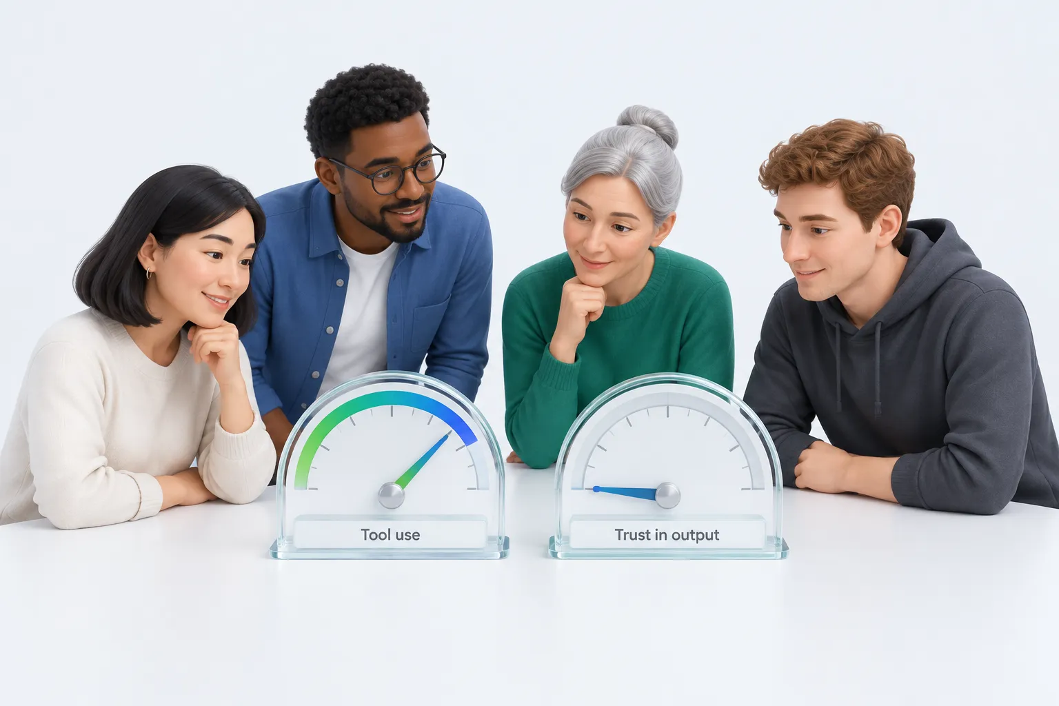 Colleagues around a table comparing two glass gauges representing developer survey results on AI tool use and trust.