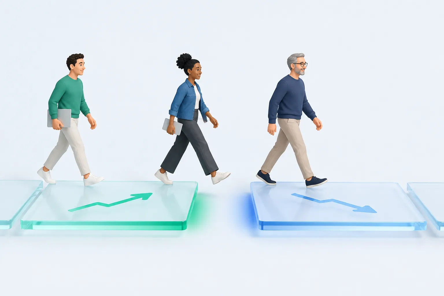 Colleagues walking across stepping platforms with a gap, representing the distance between reported confidence and measured coding performance.