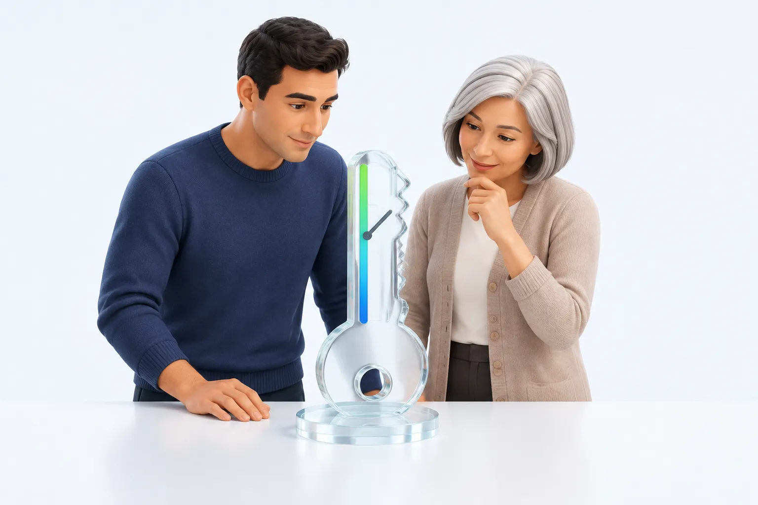Two colleagues examining a glass key-shaped gauge, representing the check between AI tool access and actual engineer skill.