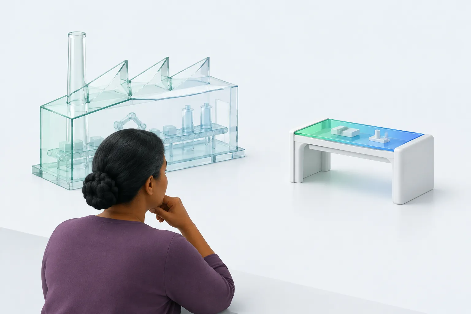A woman studies a glass factory shell beside a miniature workbench, comparing organizational and workplace perspectives.
