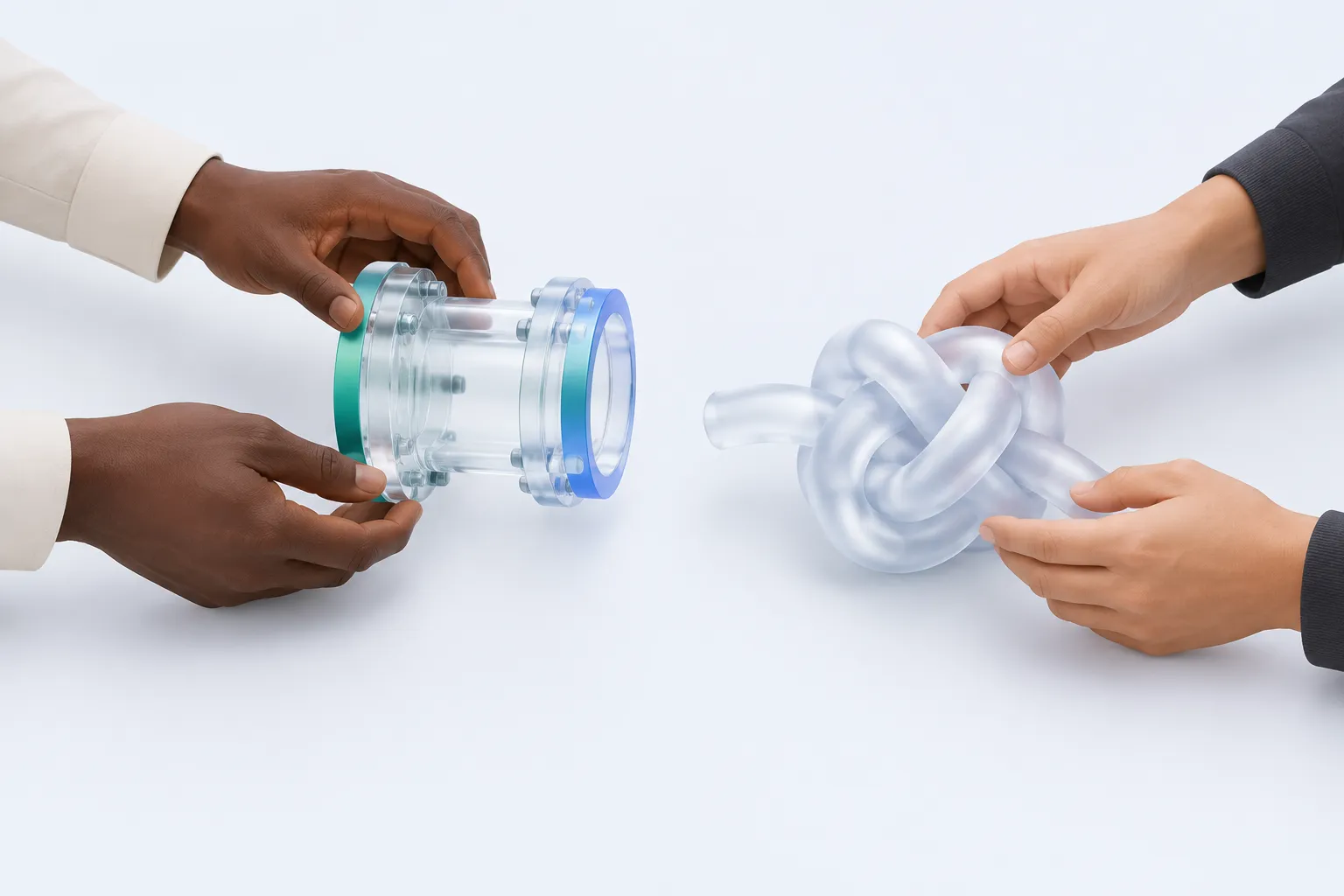 Two pairs of hands arrange a glass coupling and a knotted glass cord as distinct obstacles.