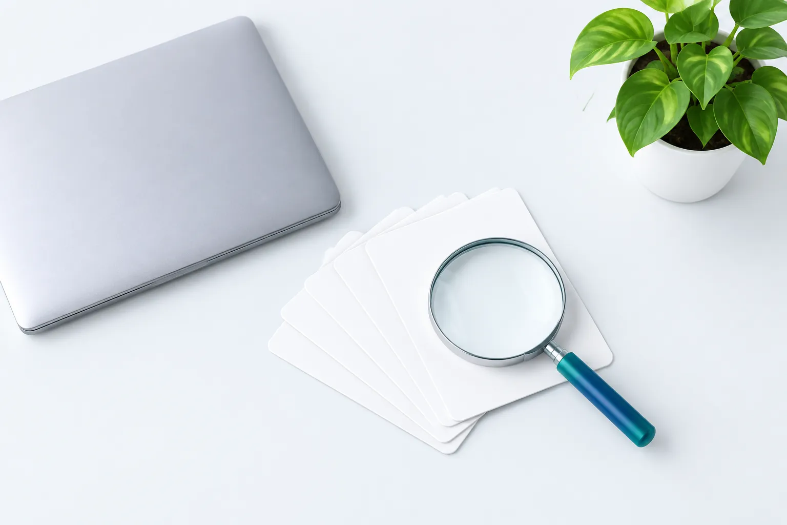 An overhead desk scene with a magnifying glass over blank index cards, suggesting a careful review of workforce readiness.