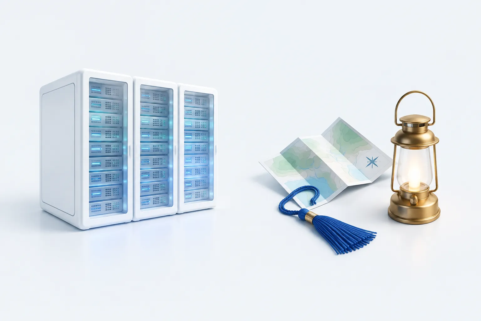 A server model beside a map, tassel and lantern representing separate employee readiness signals apart from AI data readiness.