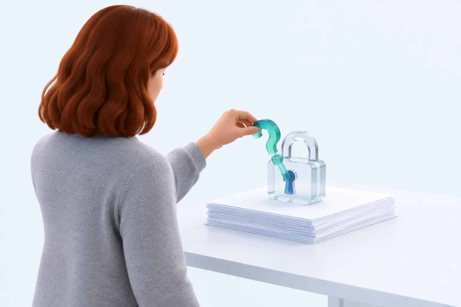 A person adjusts a glass question-mark key into a padlock, representing the care needed to design an anonymous employee survey.