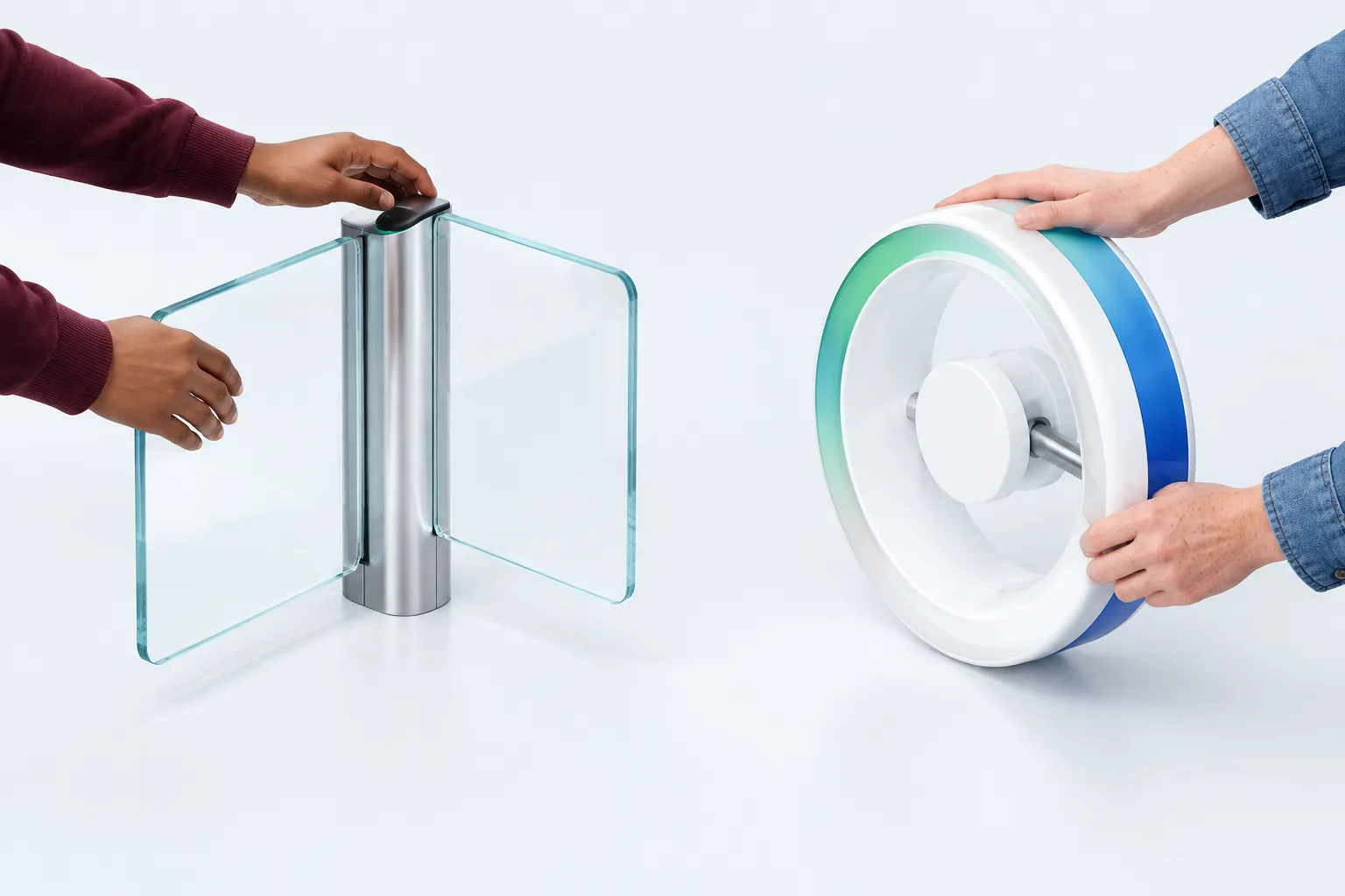 Hands arrange a glass turnstile and white flywheel to contrast access with recurring use.