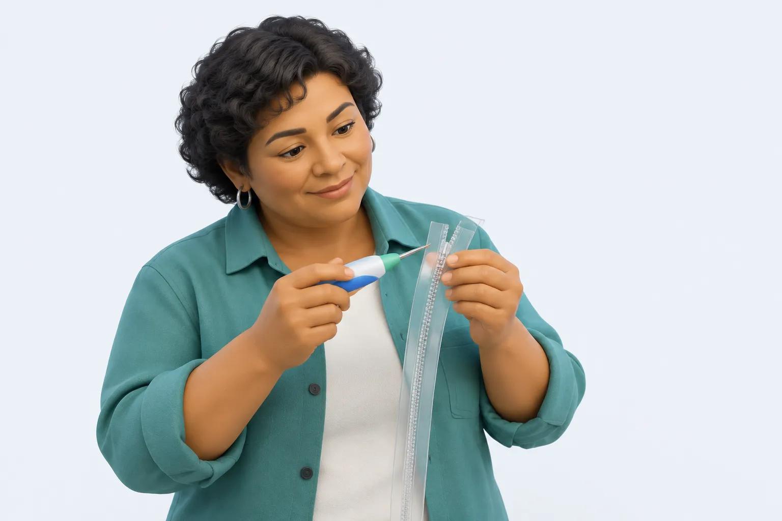 A colleague examines one misaligned zipper tooth before making a focused repair.