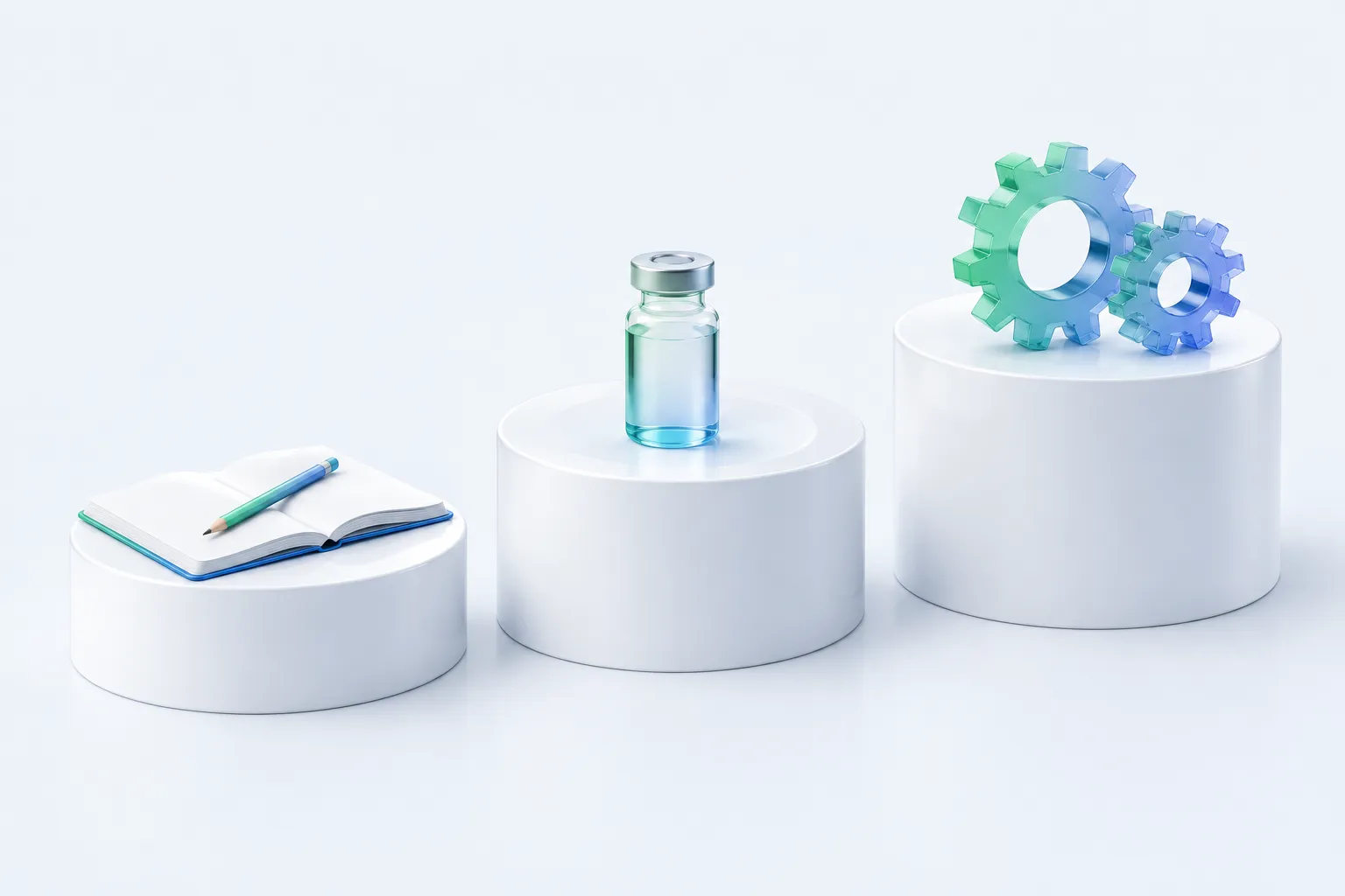 Three physical platforms of increasing height, each holding a different object, representing a simplified progression of AI maturity levels.