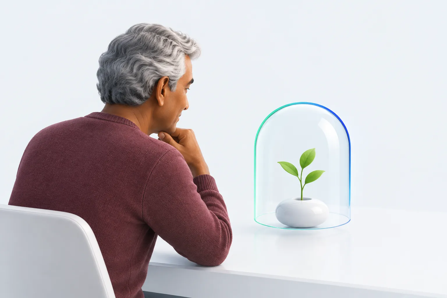A colleague studies a protective dome above a seedling, representing attention to what a concern seeks to protect.