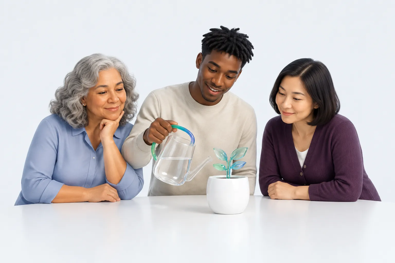 Three colleagues examine a watering can and a small sprout as separate objects.