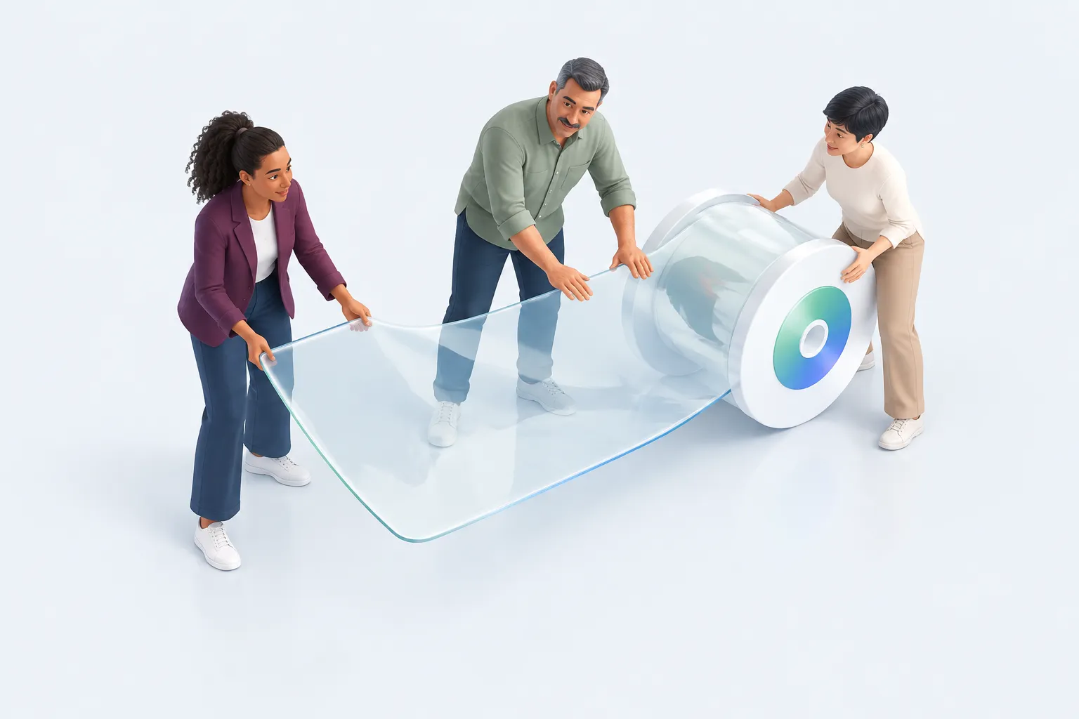 Three colleagues hold the loose end, middle and reel of a glass carpet, showing distinct responsibilities within a shared task.