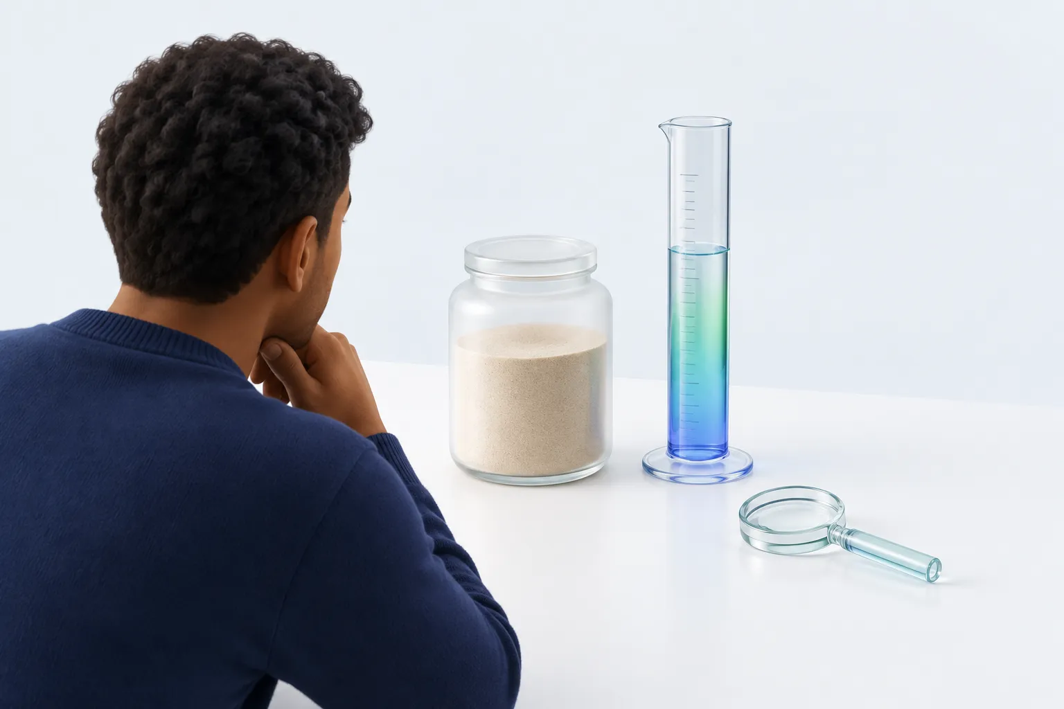 A person studies a frosted jar and a clear measuring cylinder, two different kinds of evidence
