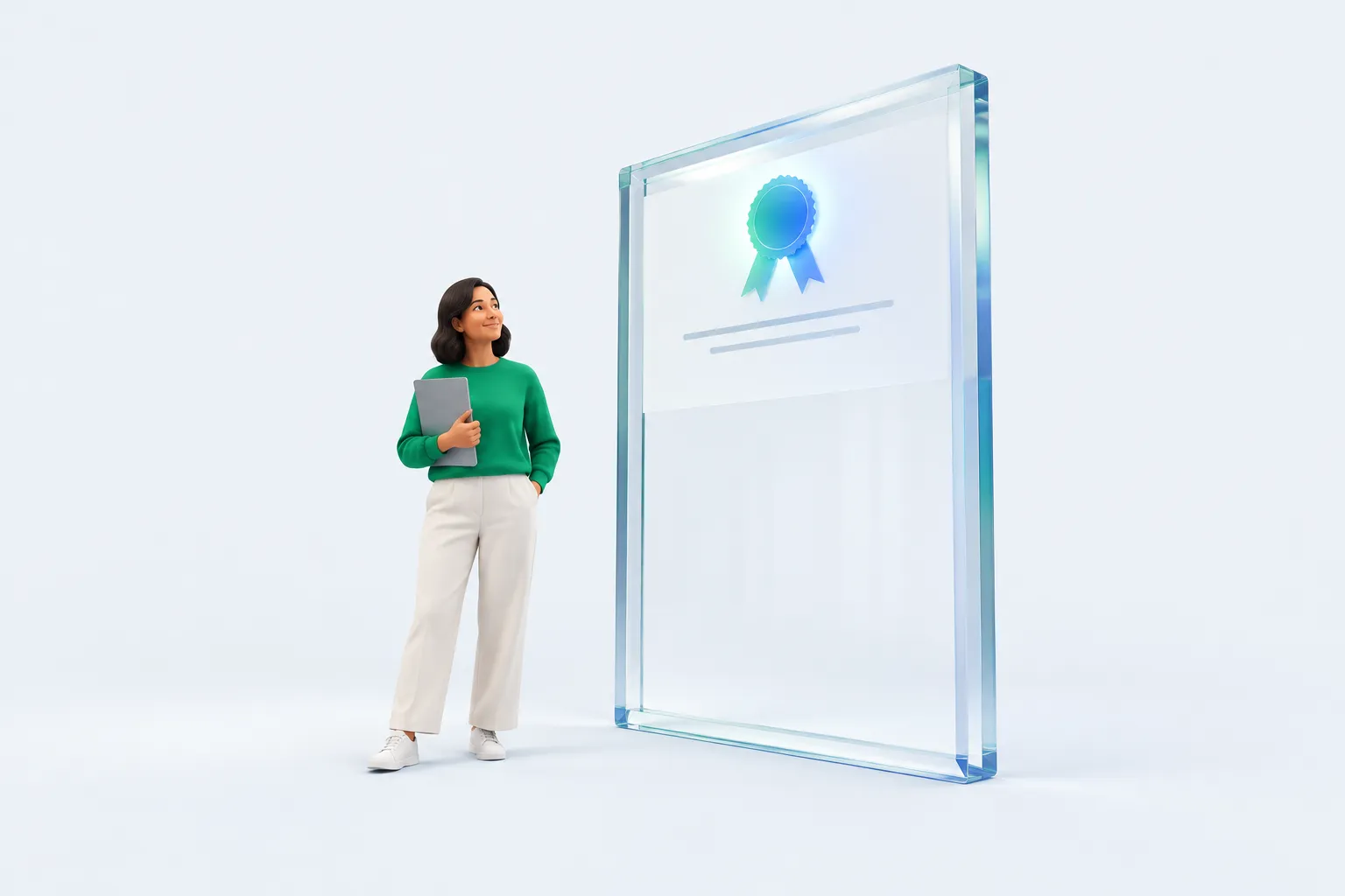 A small figure standing beside an oversized glass diploma frame that is glowing at the top but empty below.