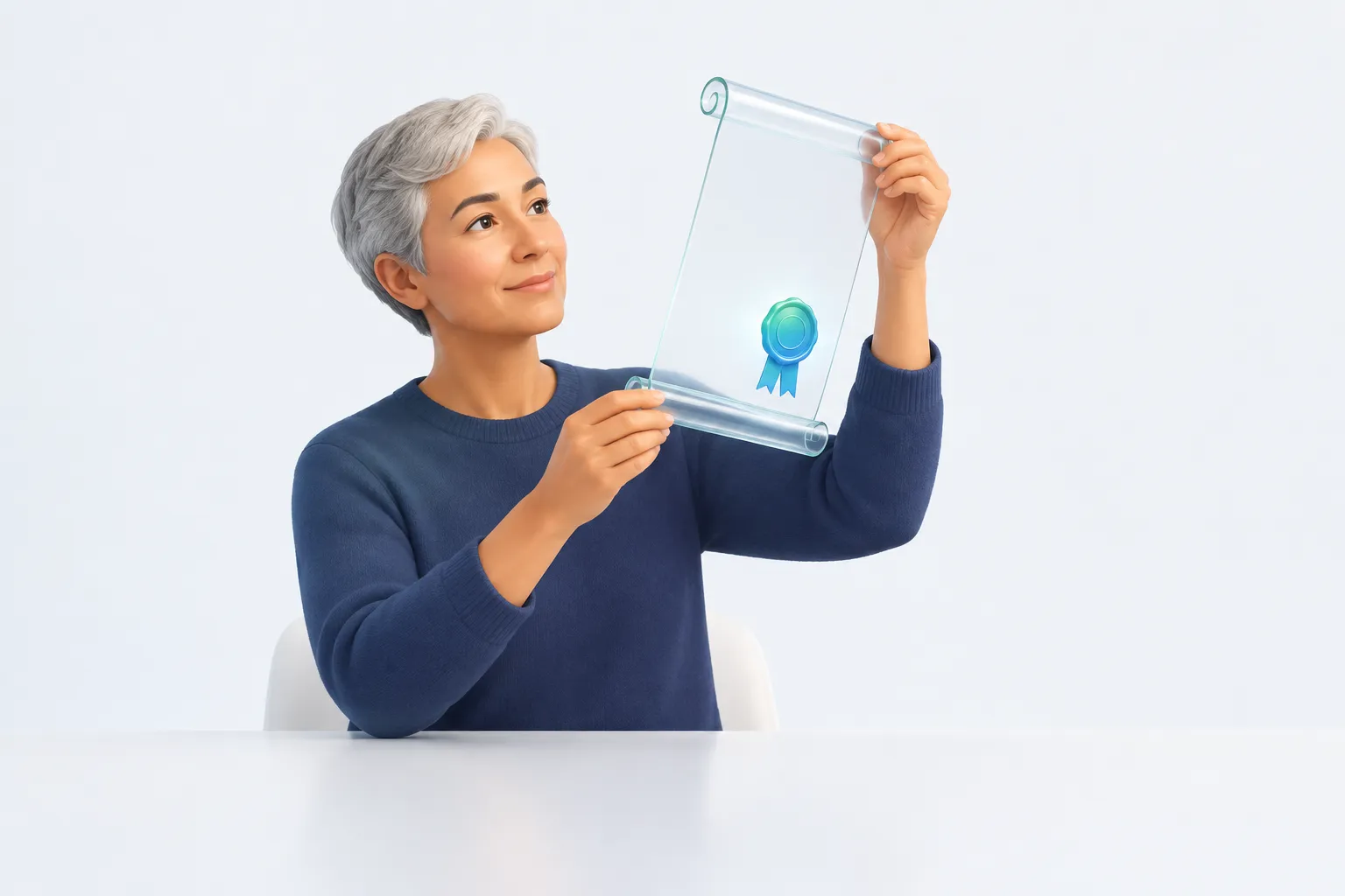 A person examining a glass certificate scroll, representing the question of whether an AI change management certification is worth it.