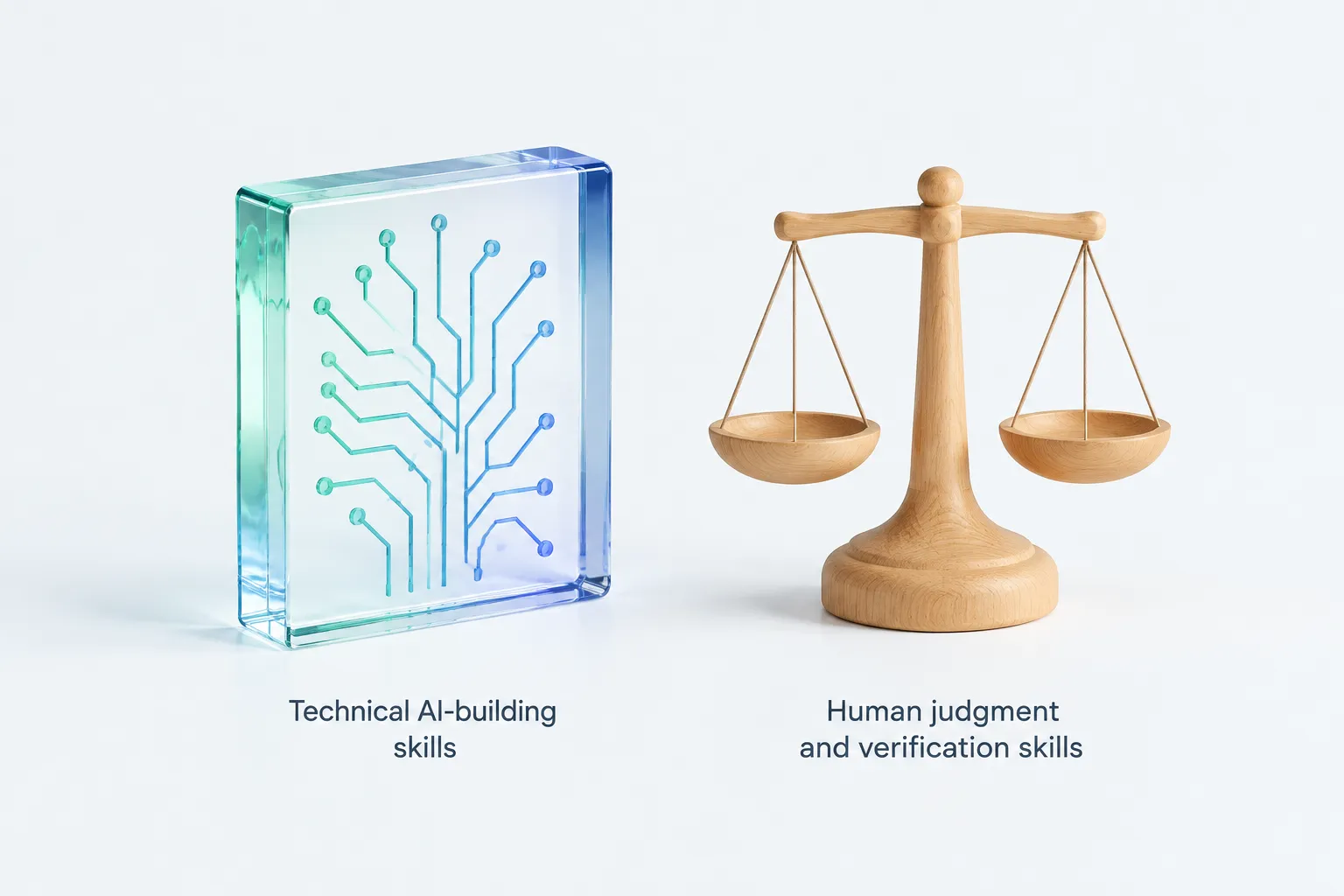 A glass block and a wooden balance scale side by side, illustrating what AI skills are in demand today