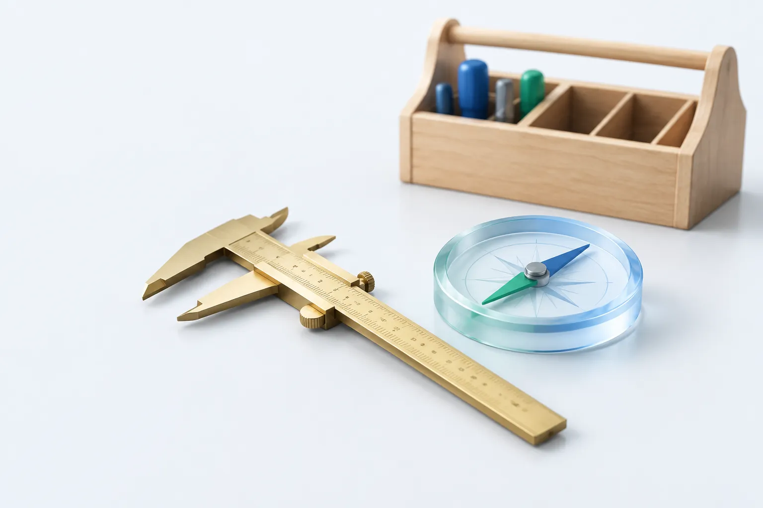 A caliper and compass beside a toolbox with empty slots, symbolizing measuring AI skills and finding gaps
