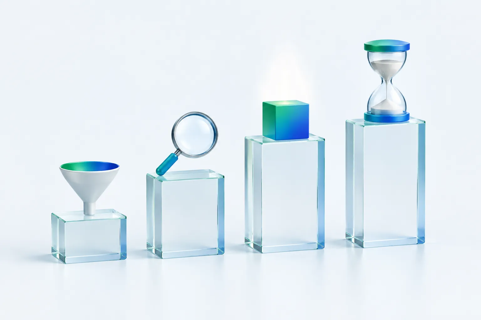 Four glass pedestals holding a funnel, magnifying glass, spotlighted block and hourglass in sequence