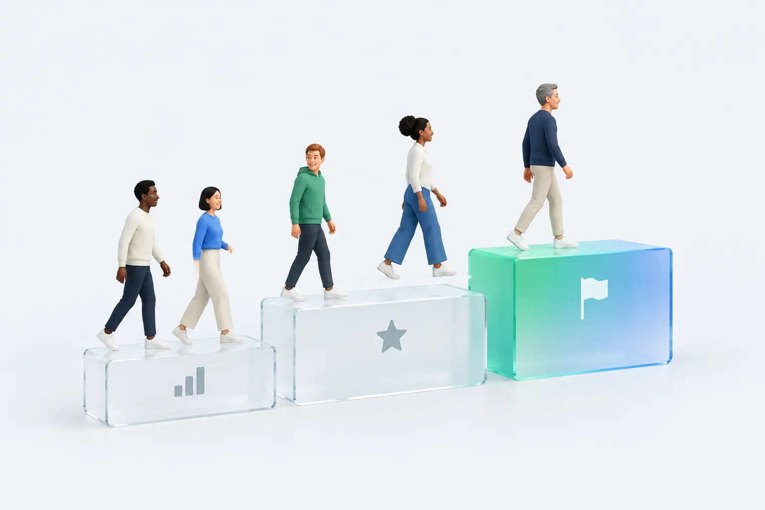A team moves across platforms marked with a bar, star and flag, symbolizing gamified participation tied to completion, not answers.