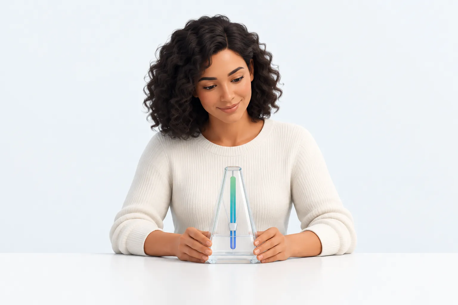 An employee holds a paused glass metronome, representing steady pacing that avoids employee survey fatigue.