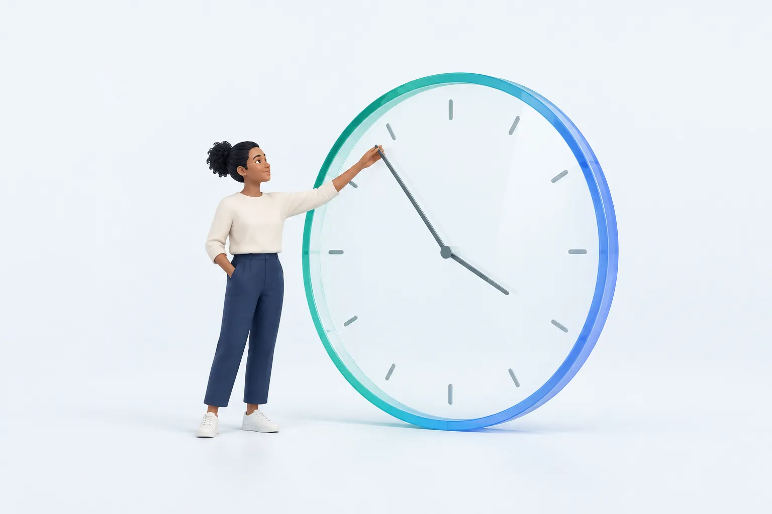 A person holds the hand of an oversized glass clock steady, symbolizing a short recurring AI adoption survey.
