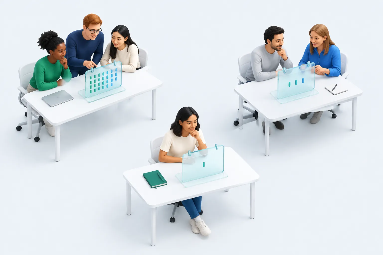 Three office clusters each examine a glass calendar with a different number of notches, representing survey cadence options.