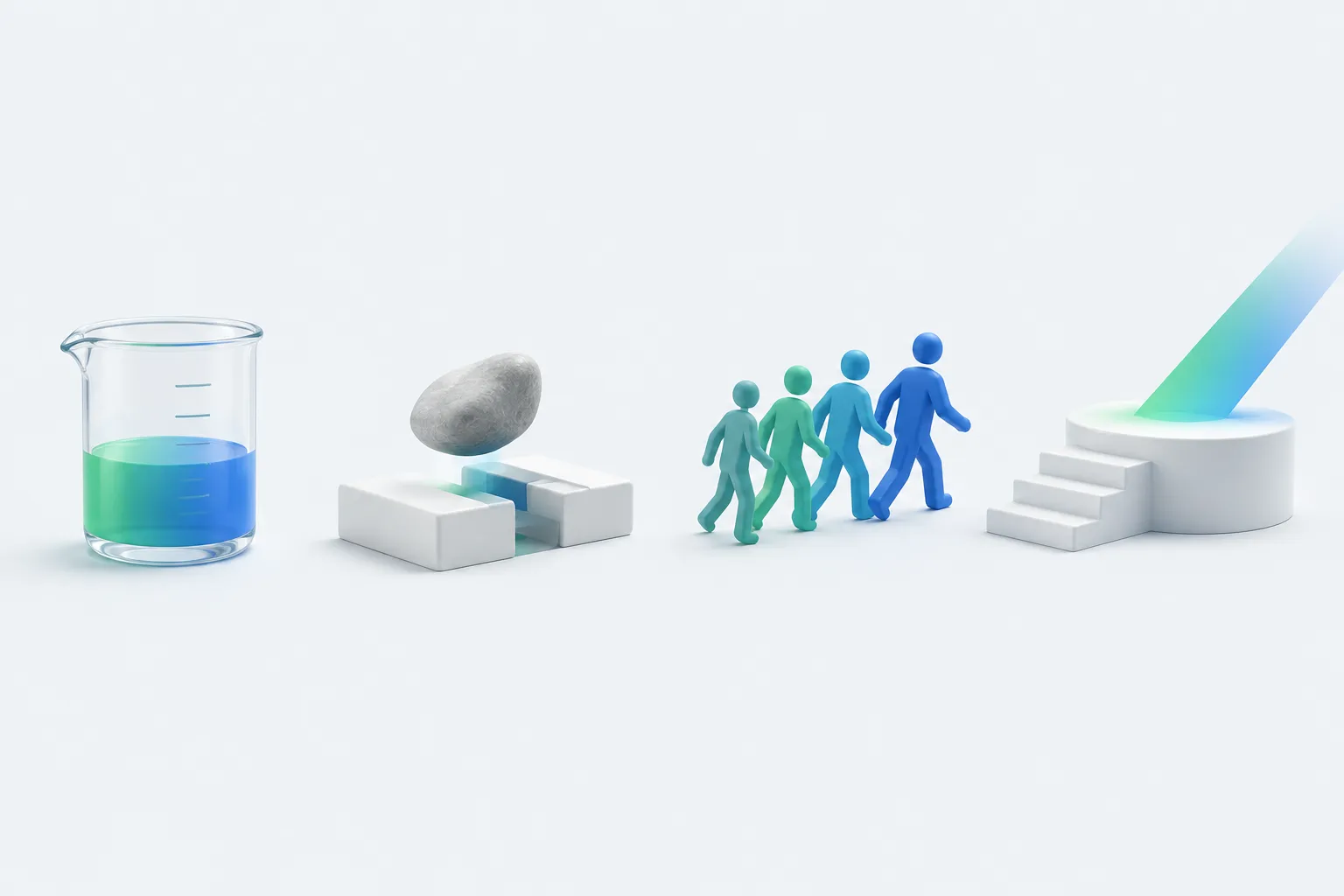 Four sculptural objects in a row representing measuring, unblocking, moving forward and reaching impact.
