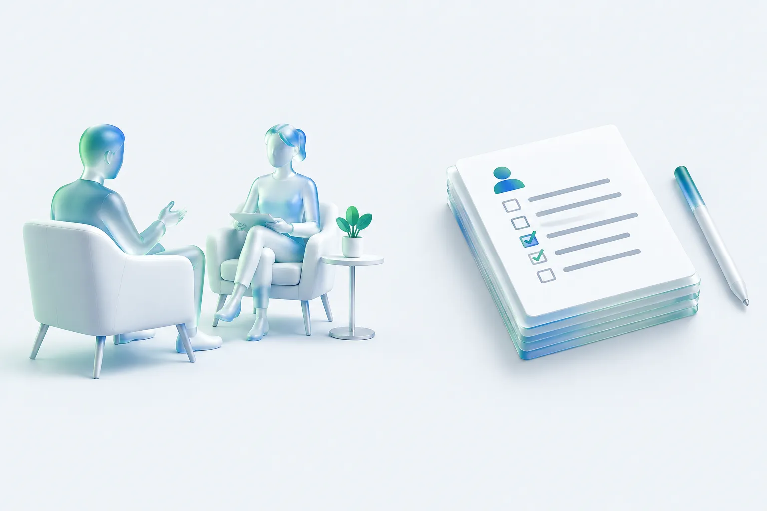 A conversation scene beside a stack of survey sheets, contrasting interviews with a structured survey tool.