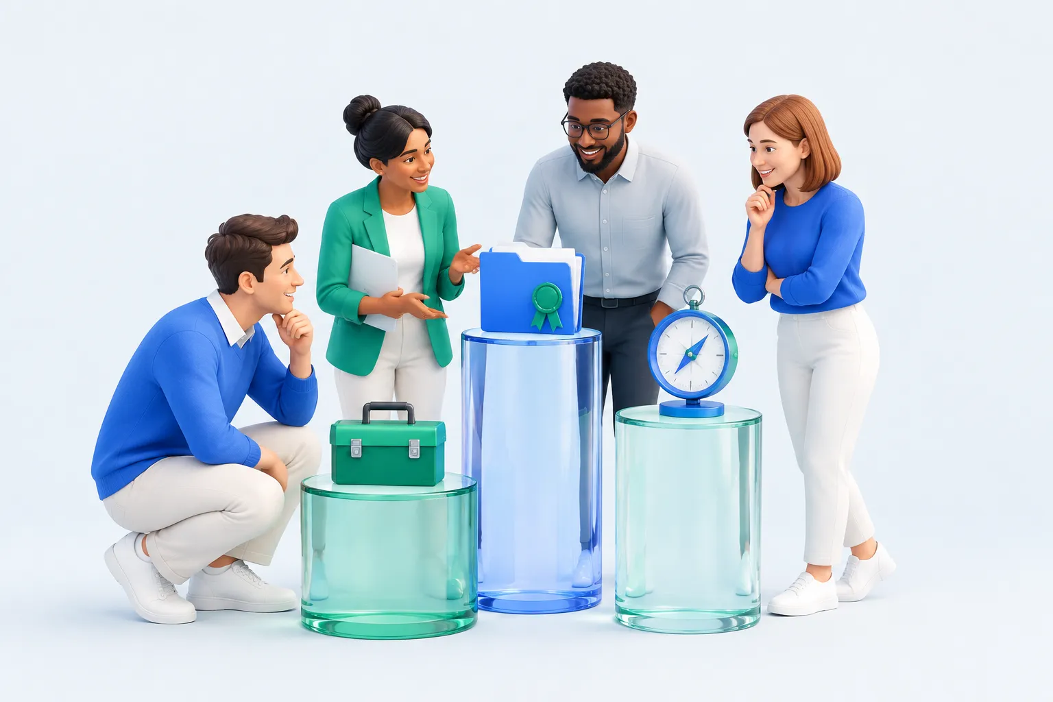 Three glass pedestals holding different objects representing distinct chief AI officer archetypes