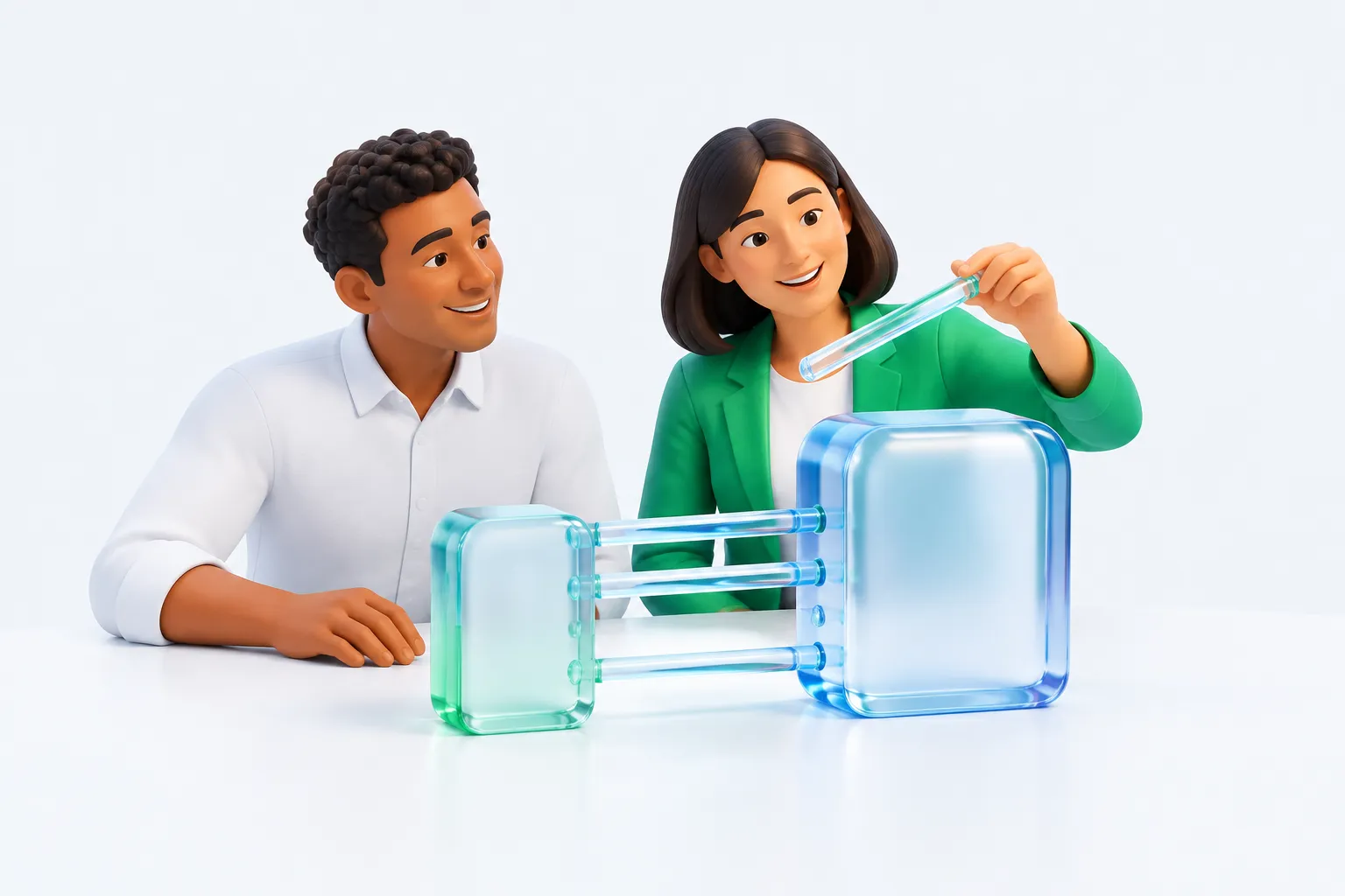 Two colleagues arranging a single clear connector between two glass blocks to represent a reporting line