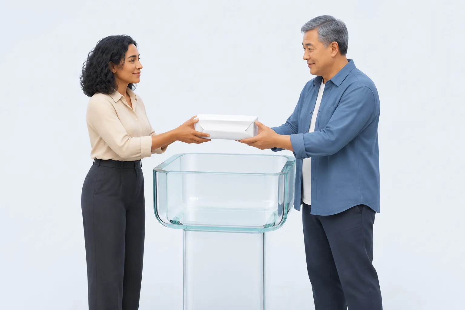 Two colleagues distinguish handing over work from accepting its quality.