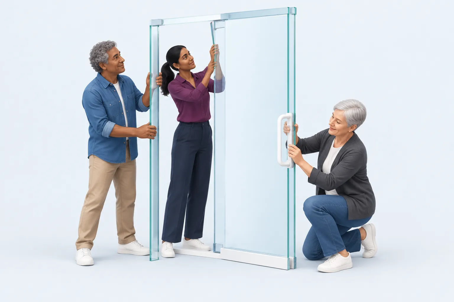 Three colleagues assemble a doorway representing access to human support.