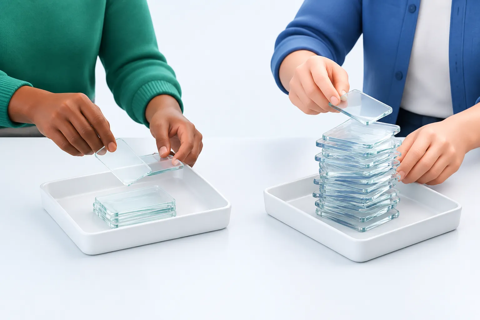 Hands sorting glass survey reply-cards into a balanced tray and an uneven tray.