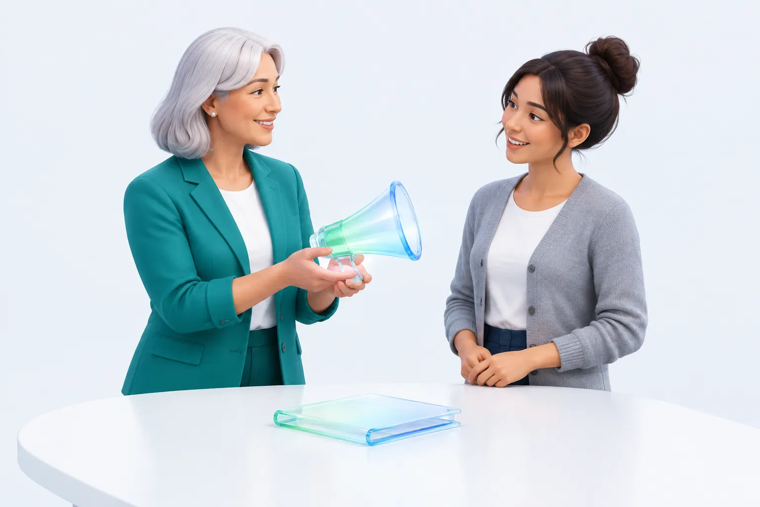 A senior leader and an L&amp;D colleague sharing a small glass megaphone beside an untouched folder.