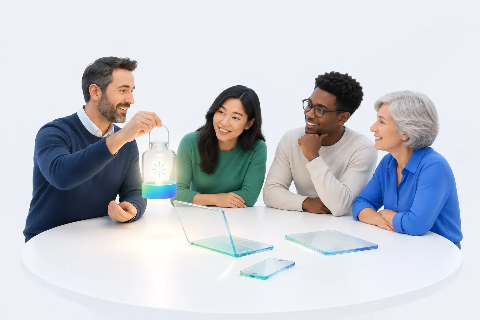 A manager modeling AI use at a table while colleagues pick up the same behavior.