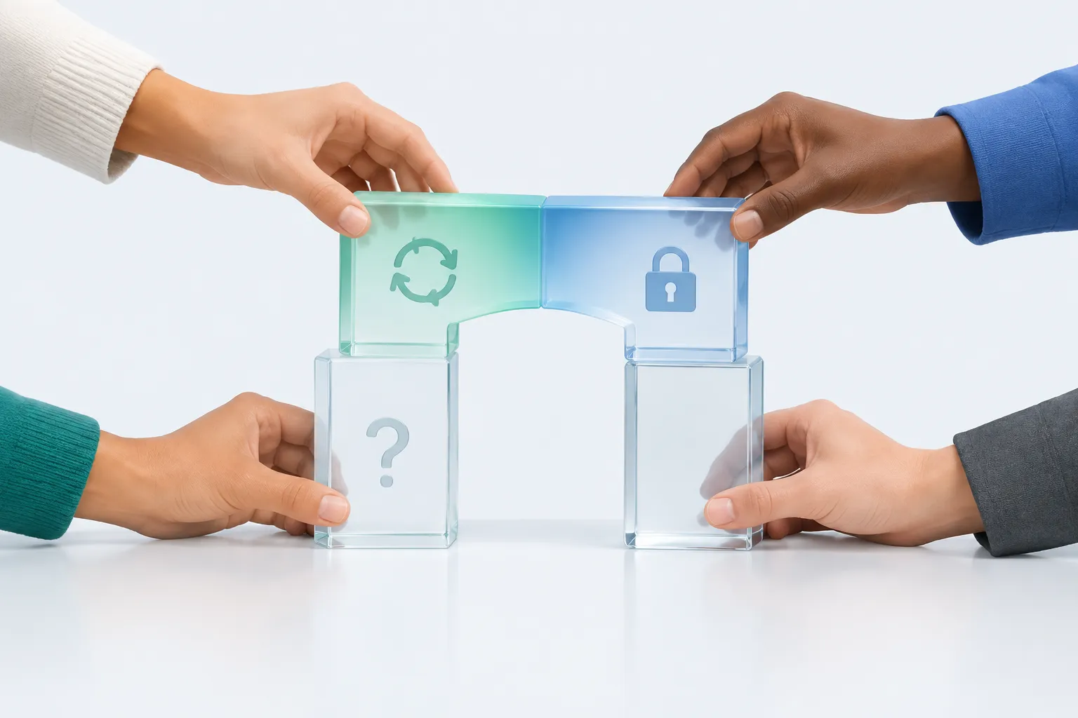Hands assembling distinct glass barrier blocks into an AI adoption framework archway.