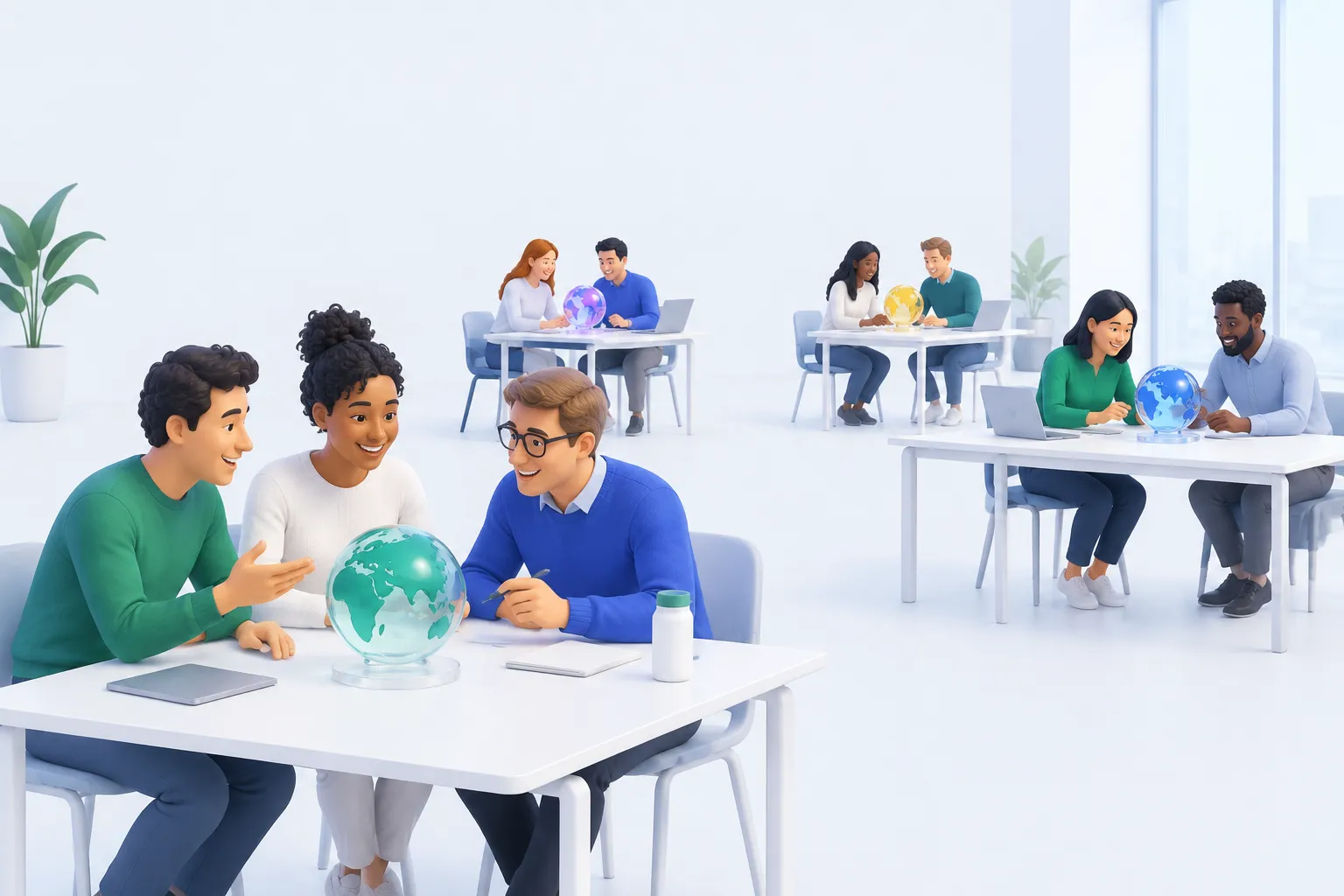 Several small teams working at separate desks, each with a different colored glass globe fragment, suggesting regional variation.