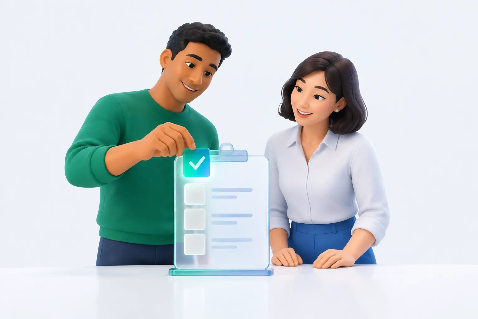 Two colleagues placing a checkmark onto a glass clipboard together, representing a simple measurement plan.