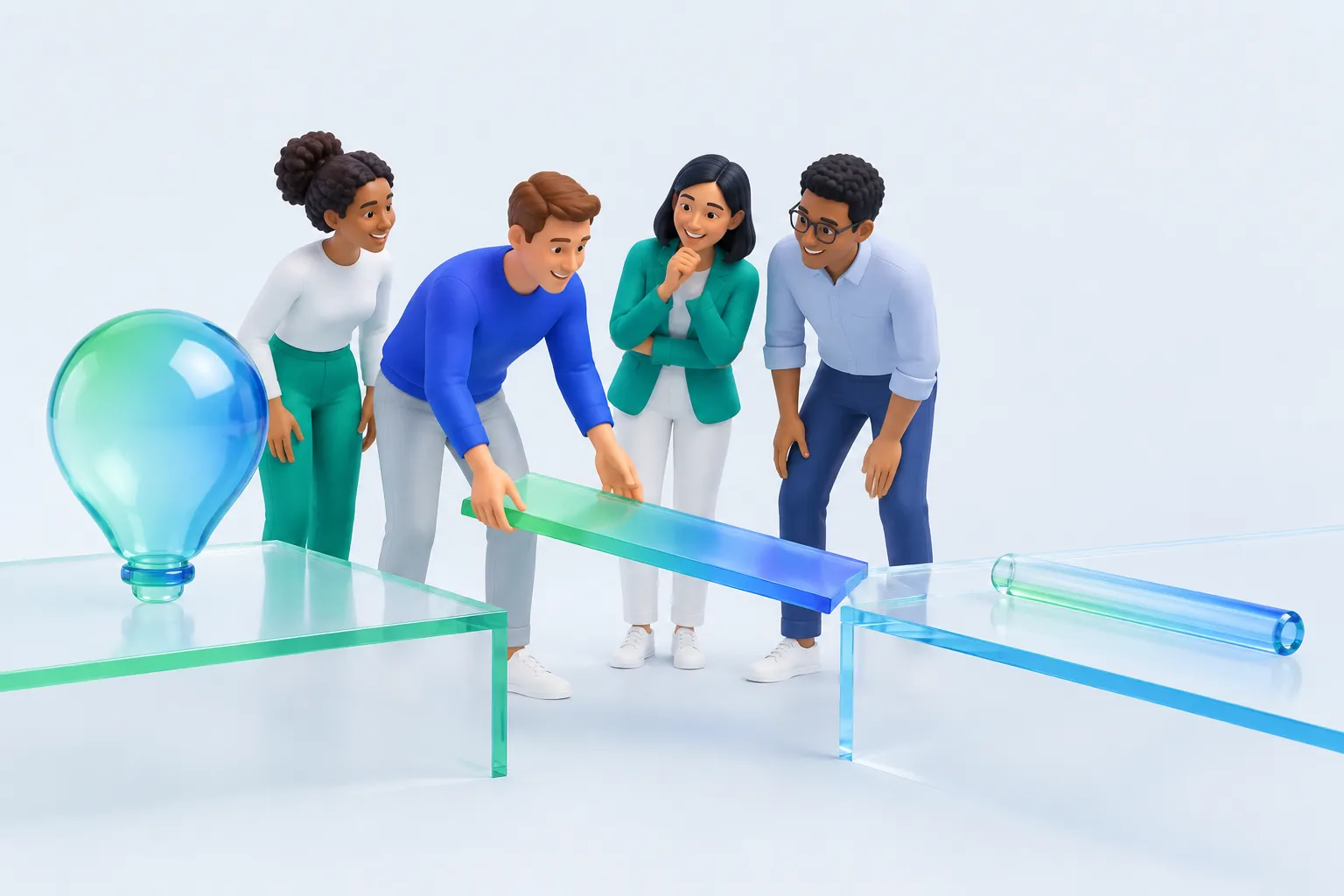 A team building a bridge between a glowing balloon shape and a measuring rod, illustrating the theme of the Gallup AI optimism report about optimism outpacing real AI use.