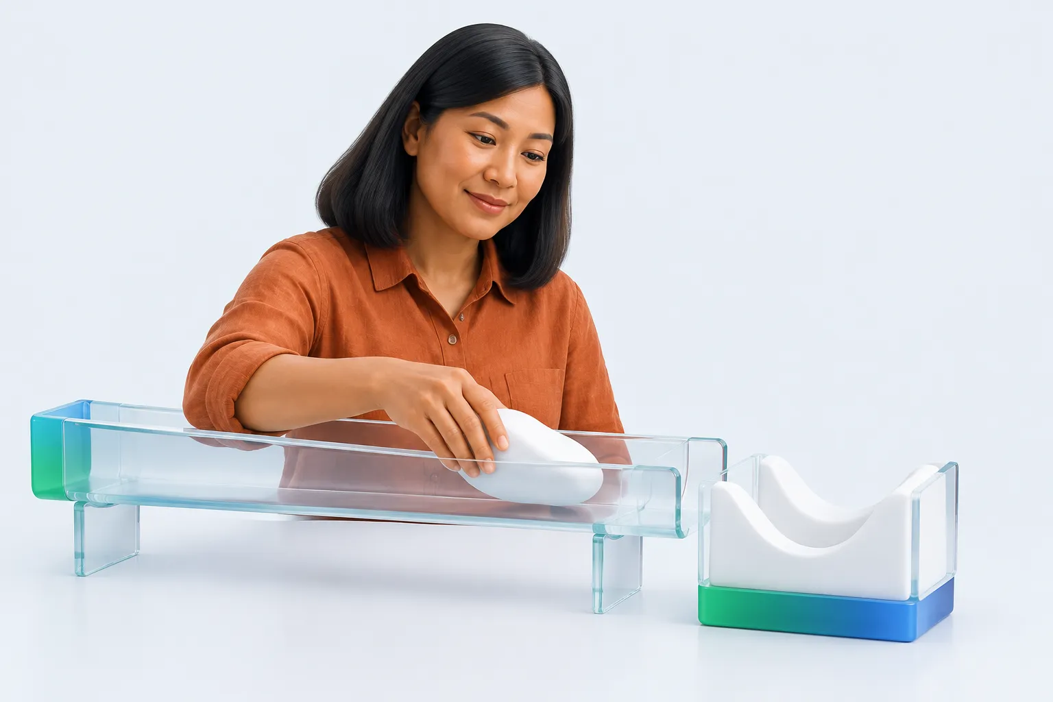 A reviewer moves a workpiece from a glass channel into an inspection cradle.