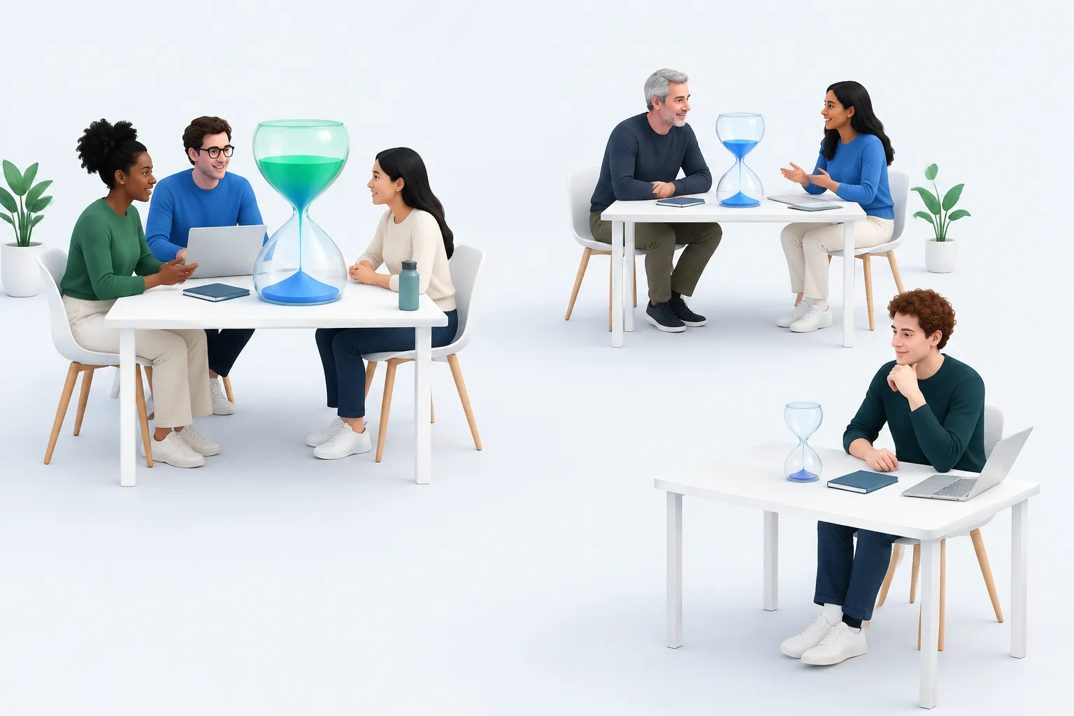 Overhead view of office desks each holding a differently sized glass hourglass, representing varying levels of AI job-loss concern across groups.