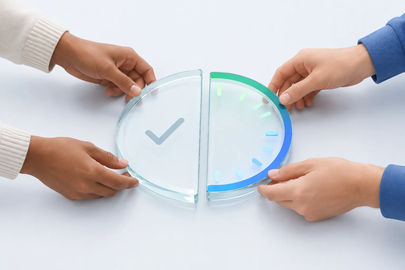 Hands adjusting a two-part glass instrument, one sealed side and one open dial, representing the gap between measured outcomes and self-reported belief.