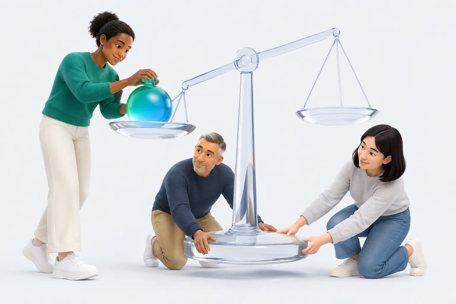 Illustration of three colleagues building a large glass balance scale that tips toward one side, evoking Pew Research AI job loss findings outweighing optimism.