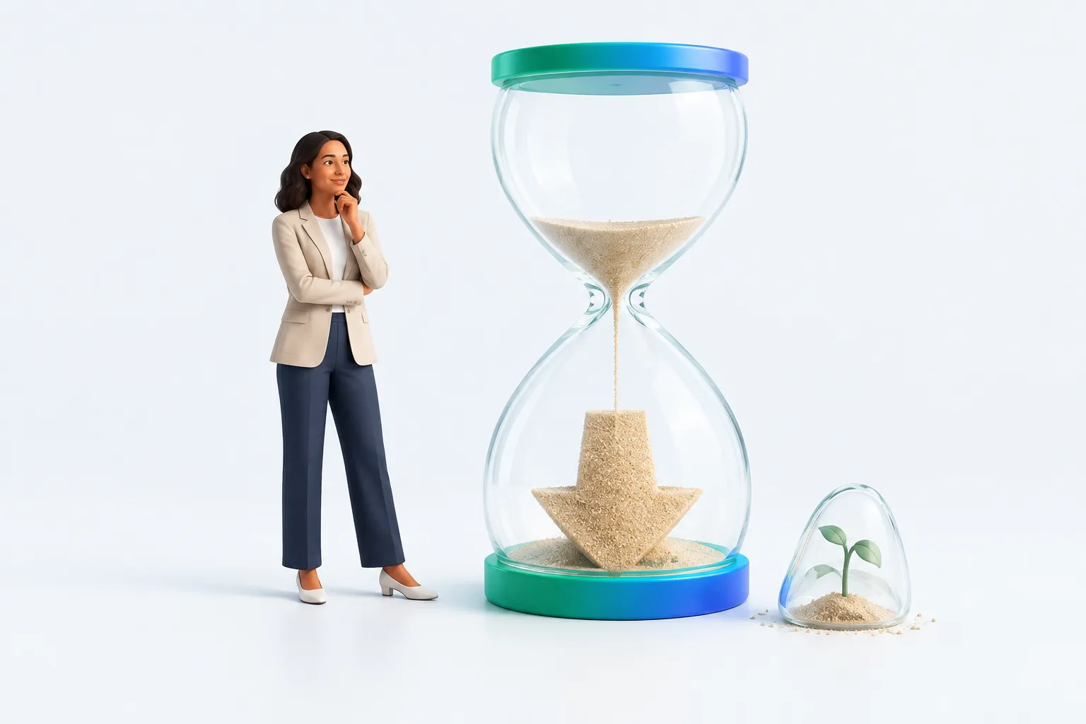 Still life of an oversized hourglass burying a small glass seedling, illustrating Pew Research AI job loss expectations outweighing hopes for job growth.