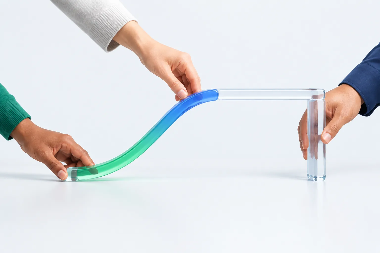 Hands adjusting a glass curve that rises then flattens, representing an AI adoption plateau