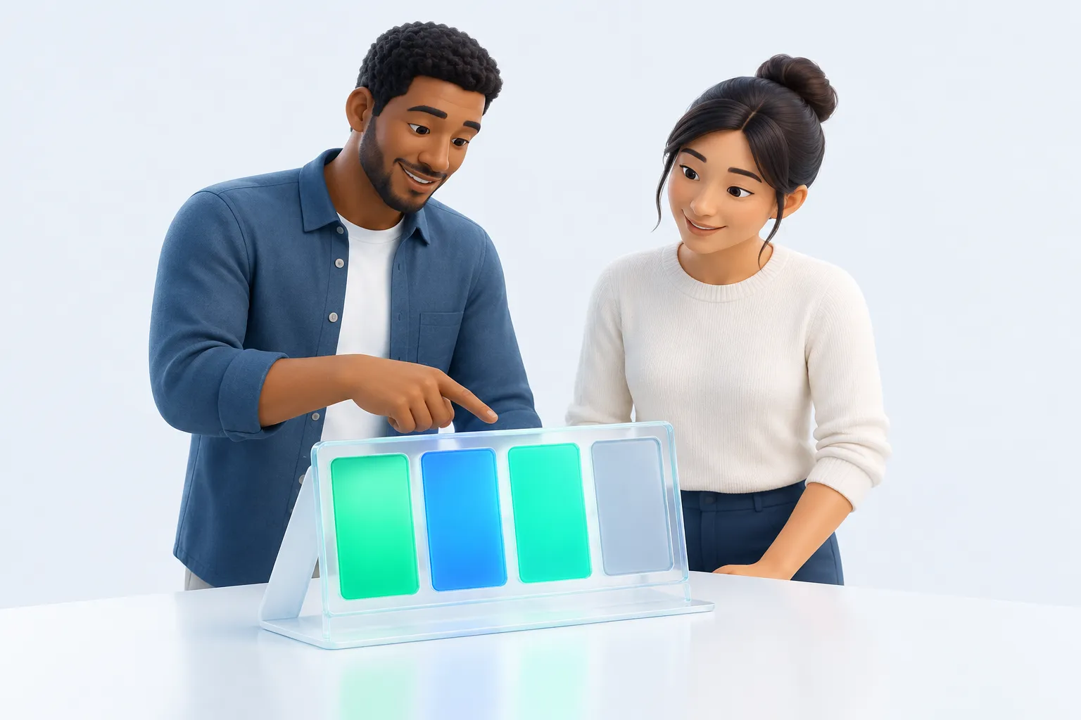 Two colleagues comparing four glass panels, one dimmer than the others, to spot the weakest category