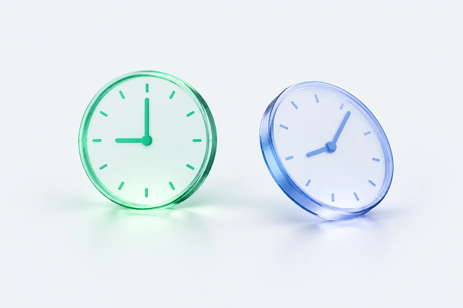 Two glass clocks side by side, one glowing steadily and one tilted, representing correct versus mistimed workflow scheduling.