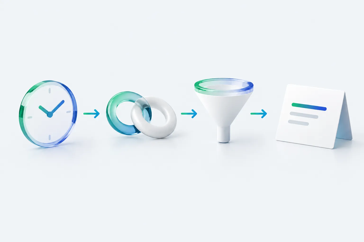 A sequence of clock, linked rings, funnel, and folded note objects representing the stages of building a first n8n workflow.
