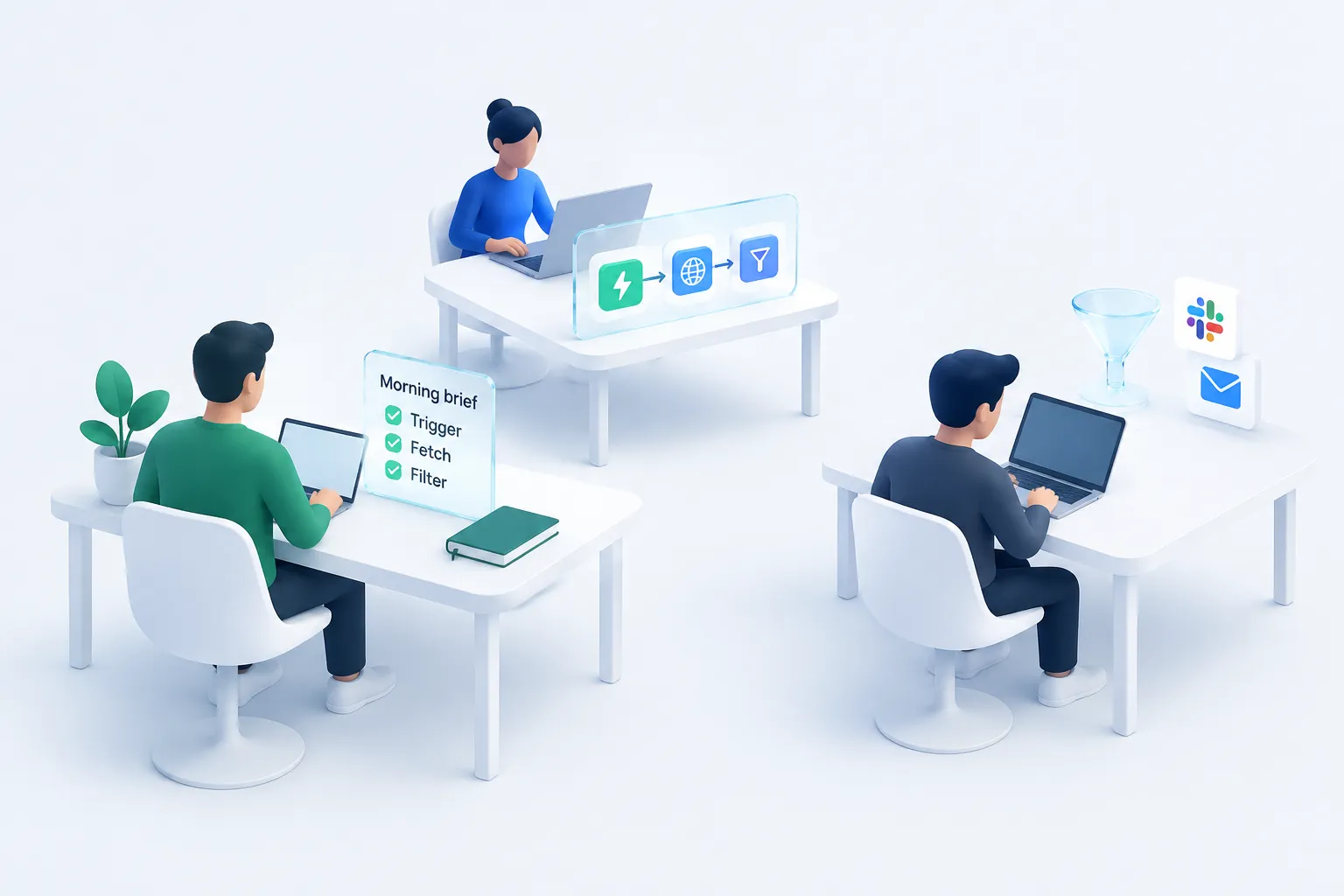 Several separate desks with distinct objects, representing individual team members each building their own small automations.