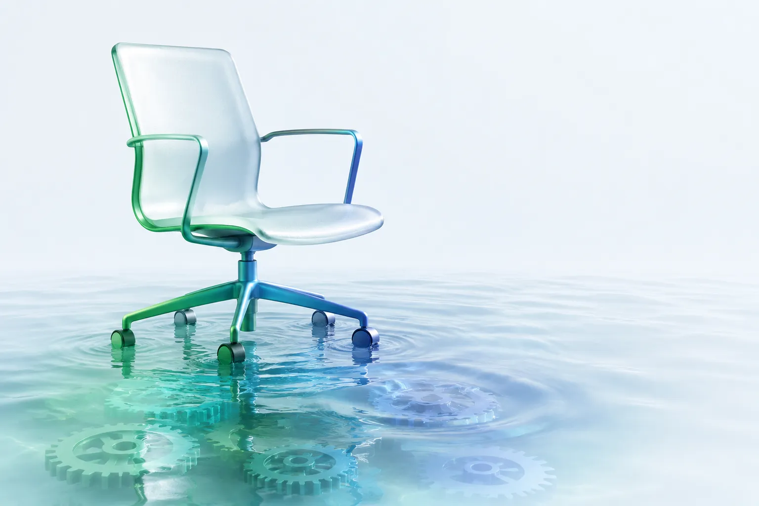 Illustration for the Gallup AI job fear survey showing a glass office chair standing in slowly rising water with gears hidden beneath the surface.