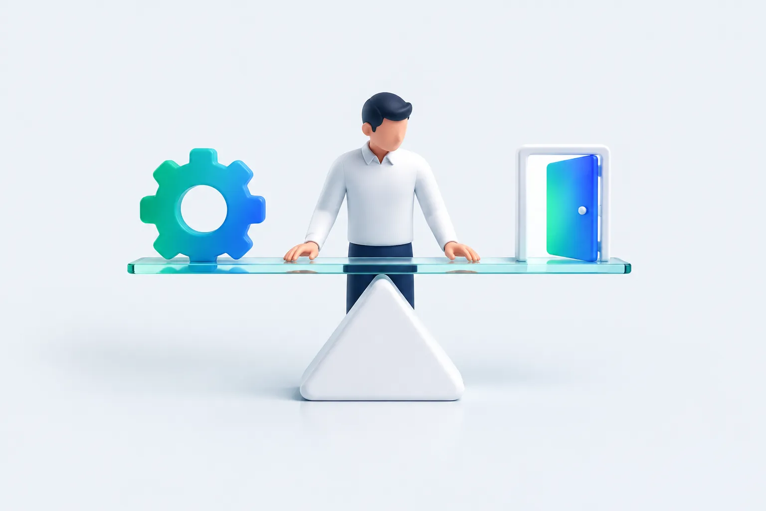 Diagram illustration of a manager balancing a glass scale between two abstract objects representing workplace change.