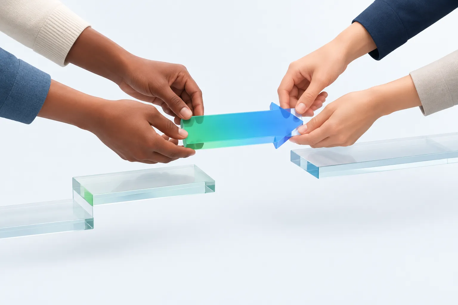 Hands fitting a glass arrow tile into a gap on a stepped glass path, representing an escalation route for managers.
